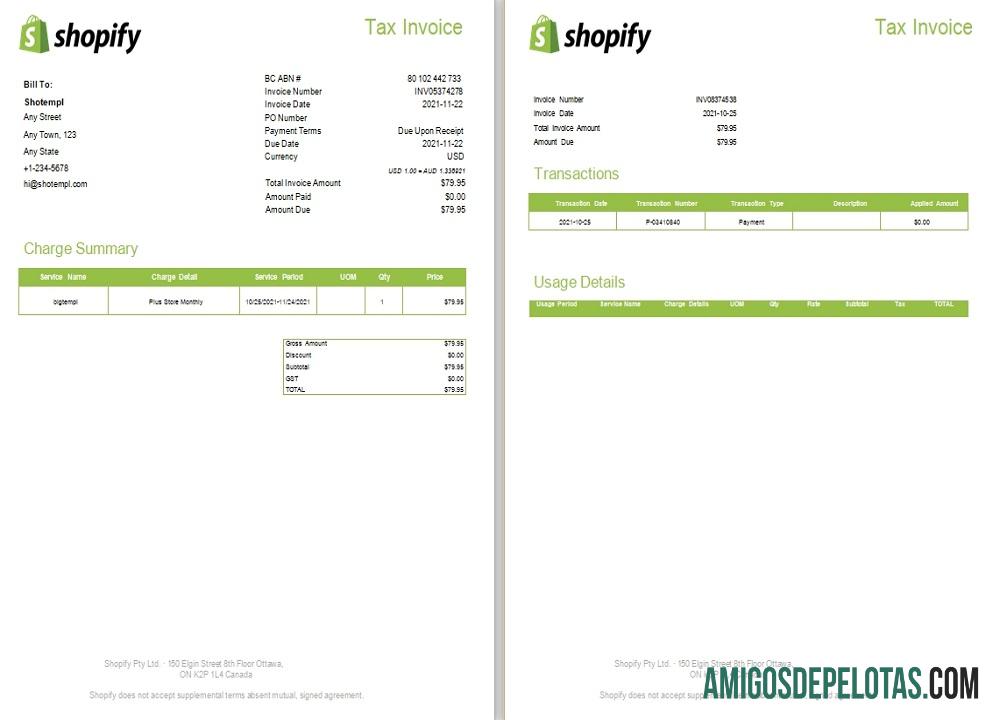 Fatura fiscal do Shopify no Canadá exemplo